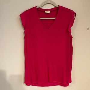 Bright pink Kate Spade ruffle sleeve blouse. “Satin crepe flutter sleeve top”